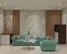 Living Room Design with Mint Tufted Sofa and Aquarium Display
