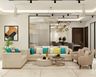 Living Room Design with Beige Sectional and Dual Statement Chandeliers