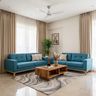 Living Room Design with Teal Sofas and Wooden Table