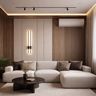 Living Room Design with Cream Boucle Sofa and Slatted Panels