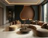 Living Room Design with Curved Caramel Sofa and Marble Floors