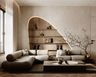 Living Room Design with Sand Ribbed Sofa and Curved Shelving