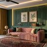 Living Room Design with Pink Velvet and Dark Green Wall