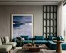 Living Room Design with Teal Velvet Sofa and Walnut Table