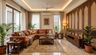 Living Room Design with Rust Sofa and Carved Wood Panels
