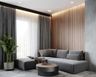 Contemporary Living Room Design with Slatted Wall and Grey L-Shaped Sofa