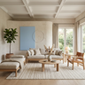 Living Room Design with Coffered Ceiling and Oak Coffee Table