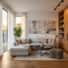 Living Room Design with L-Shaped Sofa and Library Cabinet