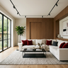 Living Room Design with Cream Sofa and Oak Wood Paneling