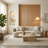 Japandi Living Room Design with Curved Sofa and Slatted Wall