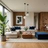 Living Room Design with Beige Sofa and Walnut Coffee Table