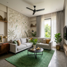 Living Room Design with Peacock Wallpaper and Grey Sectional Sofa