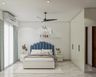 Modern Master Bedroom Design with Arched Blue Upholstered Bed Heaboard