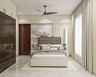 Contemporary Master Bedroom Design with Tropical Palm Leaf Wallpaper Accent