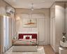 Minimalist Master Bedroom Design with Beige Wardrobe and Red Dual Tone Headboard
