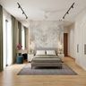 Master Bedroom Design with Tree Wallpaper and Green Curtains