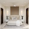 Master Bedroom Design with Slatted Wall and Beige Bed