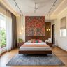 Master Bedroom Design with Peacock Wallpaper and Walnut Bed