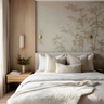 Modern Guest Bedroom Design with Botanical Wall and Upholstered Headboard