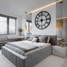 Contemporary Master Bedroom Design with Oversized Wall Clock and Paneling