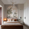 Contemporary Master Bedroom Design with Arched Tropical Wallpaper and White Cabinetry