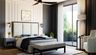 Transitional Master Bedroom Design with Tufted Bench and Reading Corner