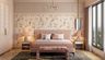 Pink Master Bedroom Design with Slatted Wood Panel and Blush Pink Bed