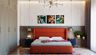 Master Bedroom Design with Orange Bed and Slatted Accent Wall