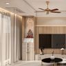 Contemporary Grey and Walnut Pooja Room Design with Storage and Backlit Panel