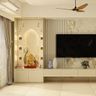 Modern Floor-Mounted Pooja Unit Design with White Storage Cabinets