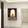 Wall Mounted Bronze and Pearl Modern Pooja Unit Design with Dark Wood Display Shelves