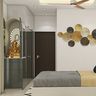 Floor-Mounted Contemporary Pooja Unit Design with Dark Folding Jali Privacy Doors