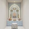 Denim Blue Modern Pooja Design with Backlit Lotus Arch and Ganesha