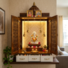Contemporary Wall Mounted Pooja Design in White and Walnut with Wooden Lattice Doors