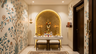 Modern Pooja Room Design with Golden Mosaic Tile Archway Halo Backdrop