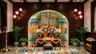 Classic Brown Pooja Room Design with Hand Painted Mythological Mural