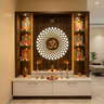 Contemporary Pooja Room Design with Backlit Circular Om Cutout and Floating Glass Shelves