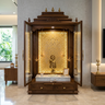 Modern Walnut Bronze Pooja Unit Design with Laser Cut Golden Jaali Backdrop