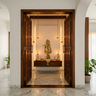 Modern Walnut Bronze Pooja Room Design with Geometric Jaali Wooden Door