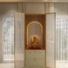Modern Pooja Design with Fluted Gold Screens and Backlit Arched Niche