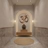 Minimal Pooja Design with Arched Bronze Om Symbol and Globe Pendants
