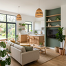 Space Saving Design with Cream Sofa and Woven Chair