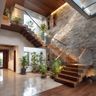 Tropical Staircase Design with Wooden Finish and L Shaped Layout