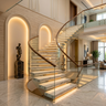 Contemporary Straight Staircase Design with Marble and Glass Railings