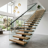 Straight Modern Staircase Design with Glass and Wood Treads