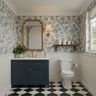 Classic Bathroom Tile Design with Traditional Wallpaper Like Toile Pattern Setup
