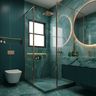 Bathroom Tile Design with Glossy Teal Veined Marble Pattern Finish