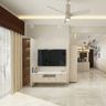 White and Cream Modern TV Unit Design with Glass Cabinet and Storage