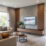 Modern TV Unit Design with Concrete Panels and Slat Walls