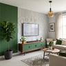 Mid Century Modern TV Unit Design with Green Slatted Console